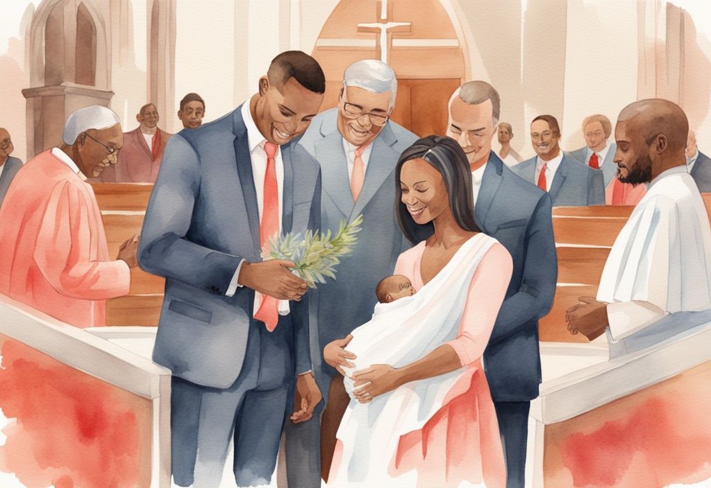 Modern watercolor illustration of a family in a church for a baby dedication ceremony, highlighting the theme of "what is a baby dedication" with coral colors.