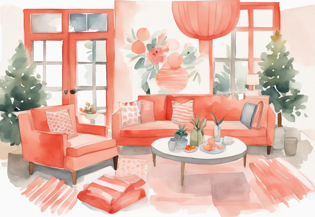 Modern coral-themed watercolor illustration of a spacious living room decorated for a baby shower, featuring festive decorations, games, a snack table, and expecting parents with guests, ideal for inspiration on where to have a baby shower.