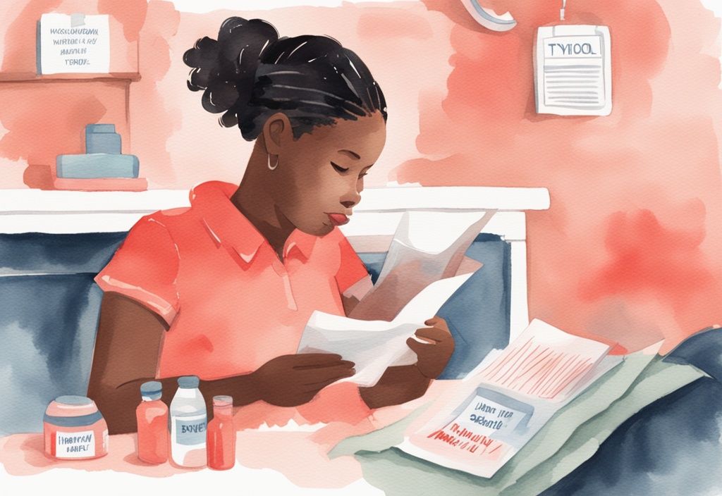 Modern watercolor illustration of a concerned parent reading a "Vaccinations and Your Baby" pamphlet, featuring coral tones and a baby Tylenol bottle in the background.