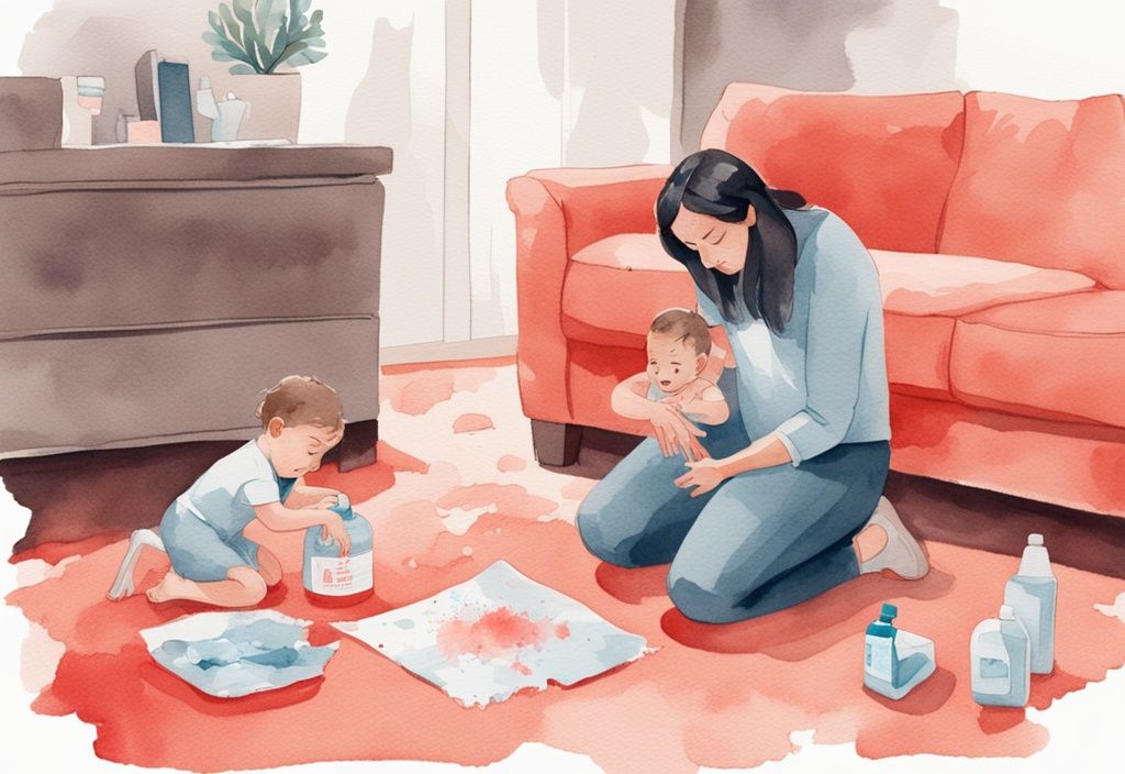 Modern watercolor illustration of a frustrated parent kneeling by a messy carpet with a baby nearby, examining a stain removal product, coral color theme.