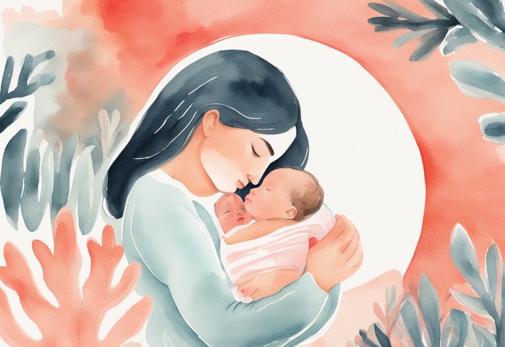 Modern watercolor illustration of a parent swaddling a newborn with a clock in the background, highlighting the theme of how long to swaddle a baby per day, in coral colors.