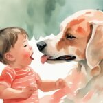 Modern watercolor illustration of a surprised parent pulling a friendly dog away from a giggling baby, depicting what to do if dog licks baby mouth, with coral color theme.