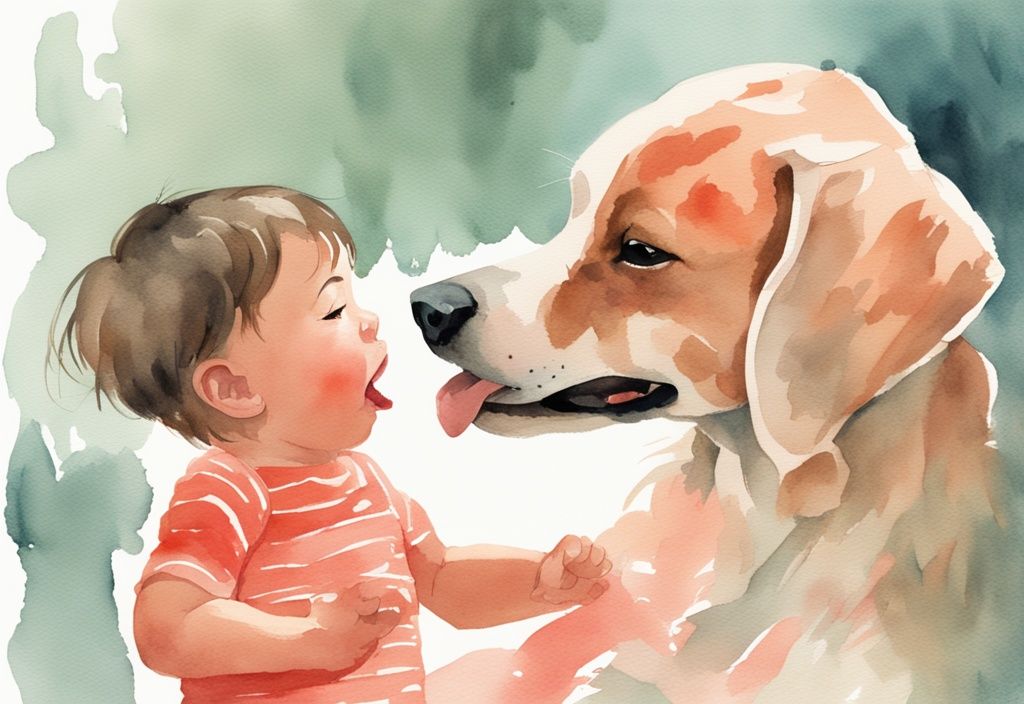 Modern watercolor illustration of a surprised parent pulling a friendly dog away from a giggling baby, depicting what to do if dog licks baby mouth, with coral color theme.