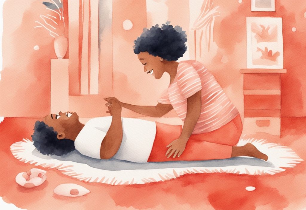 Modern watercolor illustration of a parent guiding a smiling baby rolling over on a coral-themed soft rug.