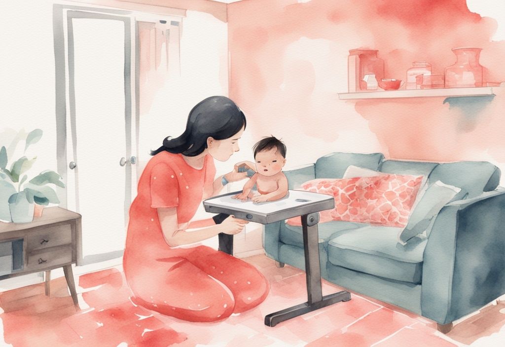 Modern watercolor illustration of a parent weighing a baby on a digital scale at home, coral color theme.