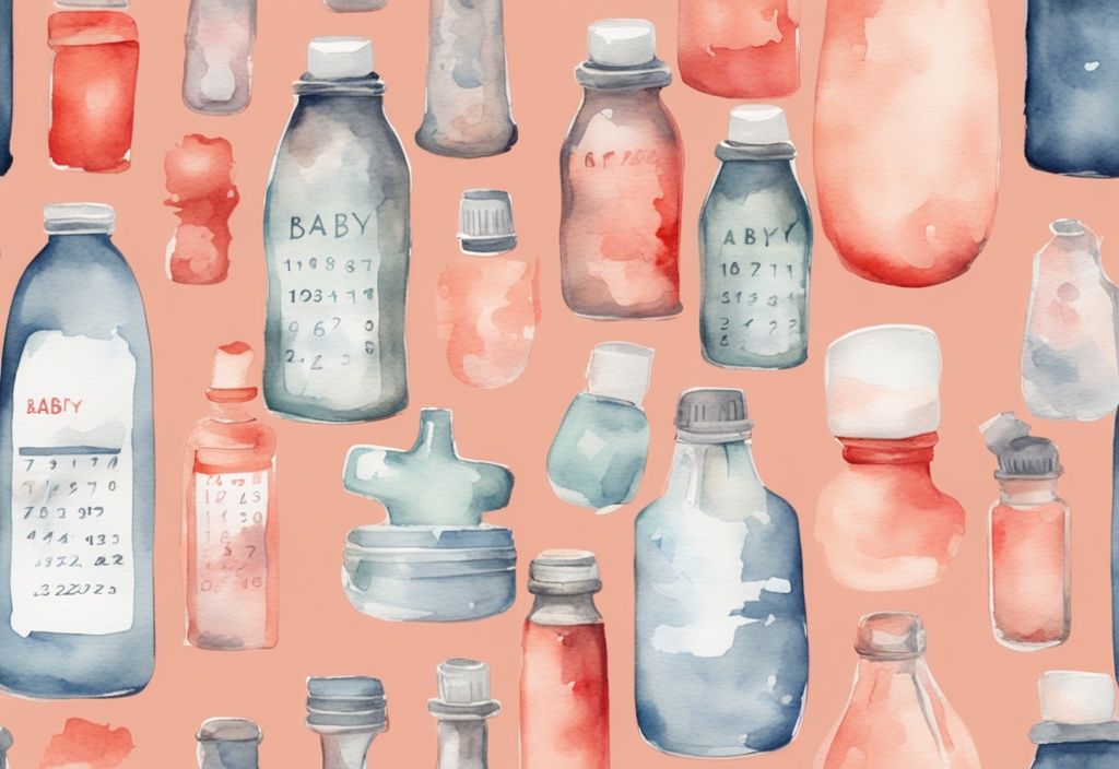 Modern watercolor illustration of coral-themed baby bottles with varying wear, featuring a time period calendar.