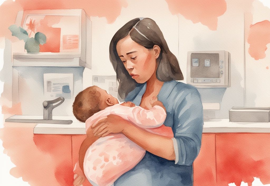 Modern watercolor illustration of a worried young mother holding a stiff baby in a pediatrician's office, highlighting the concern "why is my baby so stiff".