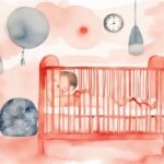 Modern watercolor illustration of a calm baby in a coral-themed crib, with a wall clock symbolizing "how long to leave baby in crib if not napping.