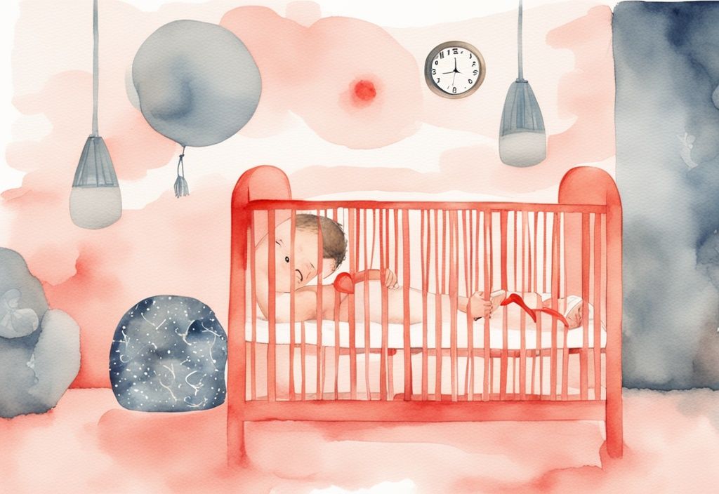 Modern watercolor illustration of a calm baby in a coral-themed crib, with a wall clock symbolizing "how long to leave baby in crib if not napping.