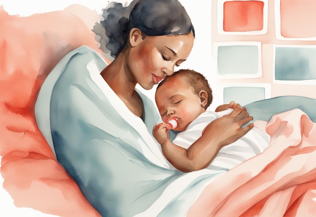 Modern watercolor illustration of a mother soothing baby after tongue tie surgery with a coral theme, showing serenity with soft blanket and pacifier nearby.