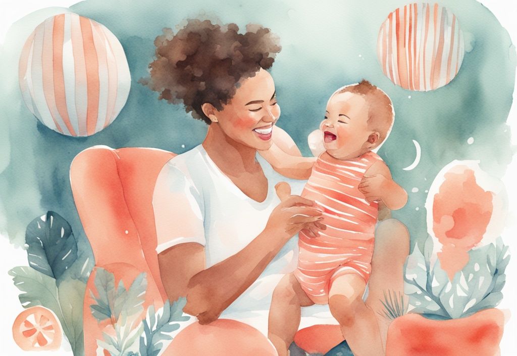 Modern watercolor illustration of a happy parent engaging with a 5-month-old baby in various fun activities, featuring a coral color theme.