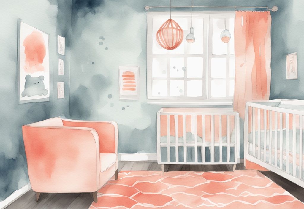 Modern watercolor illustration of a peaceful baby room in coral theme, featuring a humidity monitor showing optimal levels, addressing the question: what should the humidity be in a baby room.