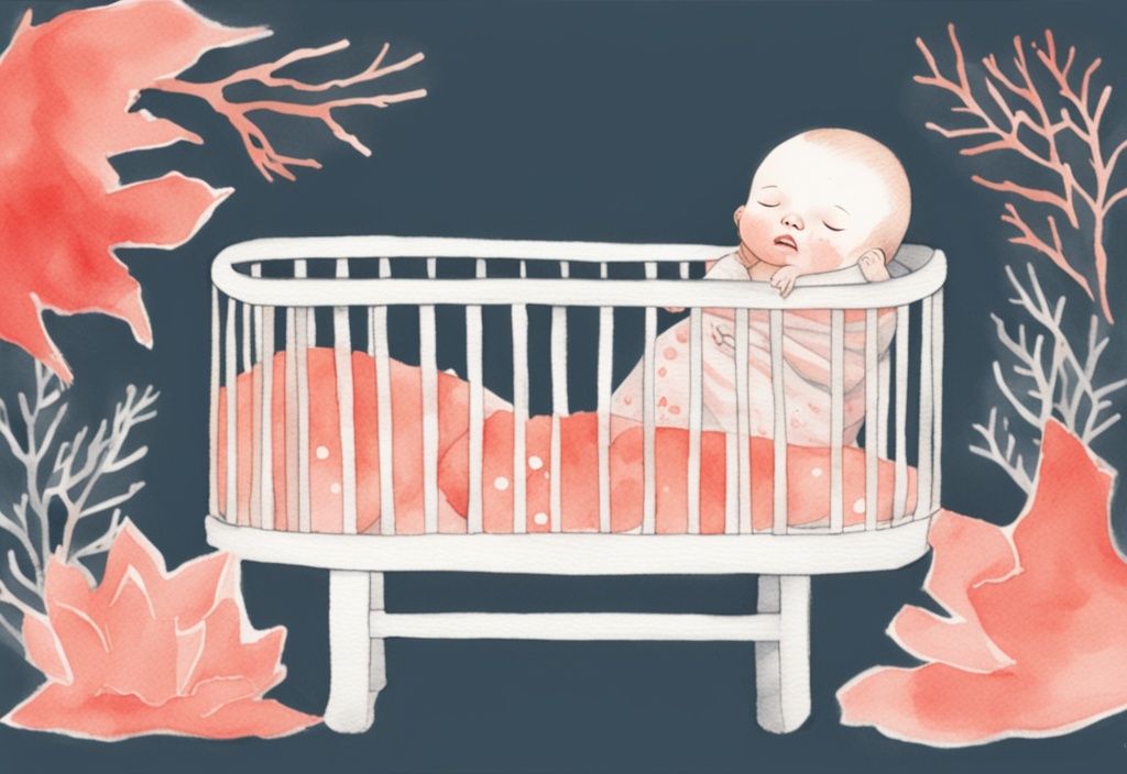 Modern watercolor illustration of a sleeping baby in a crib with a finger signaling silence, emphasizing why should you never wake a sleeping baby.