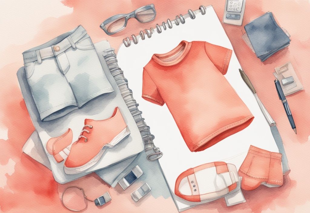 Modern watercolor illustration of coral-themed baby clothes stack with pen and notepad containing calculations.