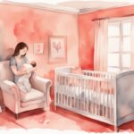 Modern watercolor illustration of a mother rocking an overtired baby in a tranquil nursery, showcasing how to calm an overtired baby with soothing coral hues.