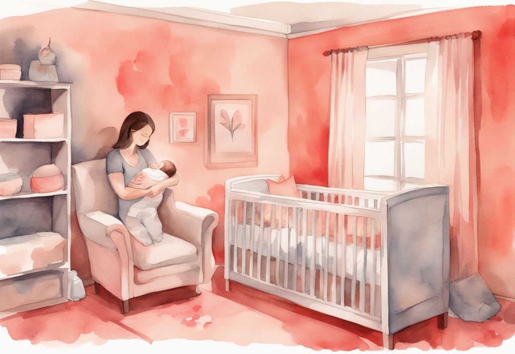 Modern watercolor illustration of a mother rocking an overtired baby in a tranquil nursery, showcasing how to calm an overtired baby with soothing coral hues.