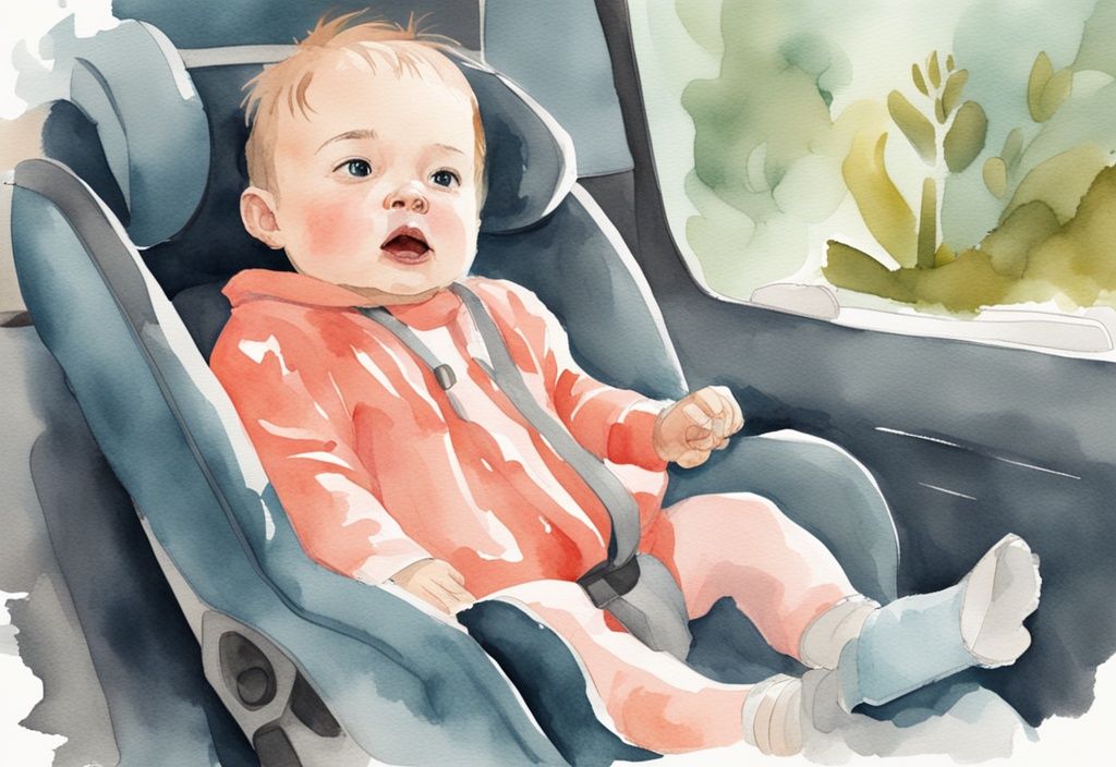 Modern watercolor illustration of a distressed baby in a car seat with a concerned parent soothing them, highlighting the theme "why does my baby hate the car seat" in coral tones.