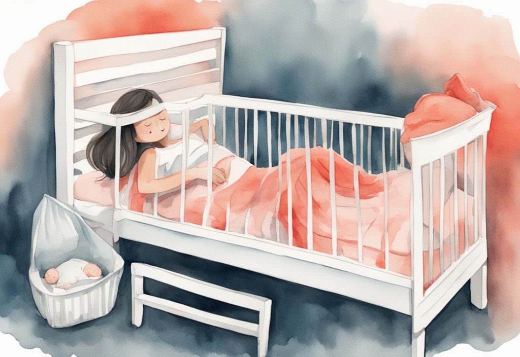 Modern watercolor illustration of a worried parent observing their baby waking up from a short nap in a crib, highlighting the question: why is my baby suddenly taking short naps.