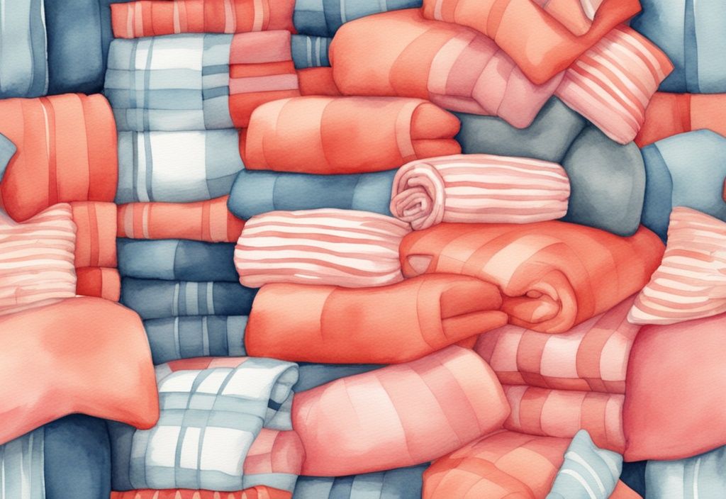 Modern watercolor illustration of coral-themed baby blankets stacked in piles, answering the question: how many baby blankets do I need.