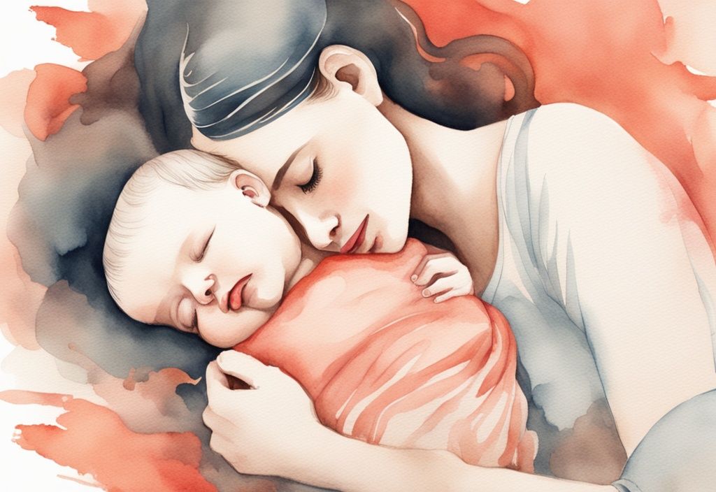 Modern watercolor illustration of a mother waking her newborn baby for feeding, featuring a coral color theme.