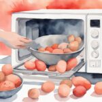 Modern watercolor illustration of hands placing a bowl of baby potatoes into an open microwave, demonstrating how to microwave baby potatoes with a coral color theme.