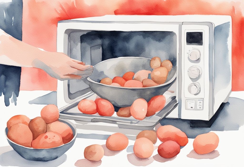 Modern watercolor illustration of hands placing a bowl of baby potatoes into an open microwave, demonstrating how to microwave baby potatoes with a coral color theme.