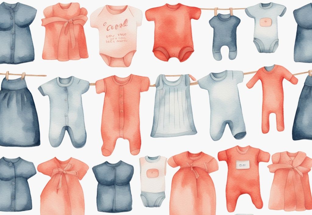 Modern watercolor illustration of neatly folded baby clothes on a soft blanket with text overlays detailing how many baby clothes do I need for first-time parents, featuring a coral color theme.