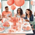 Modern watercolor illustration of friends discussing who pays for a baby shower around a table with coral-themed decorations.