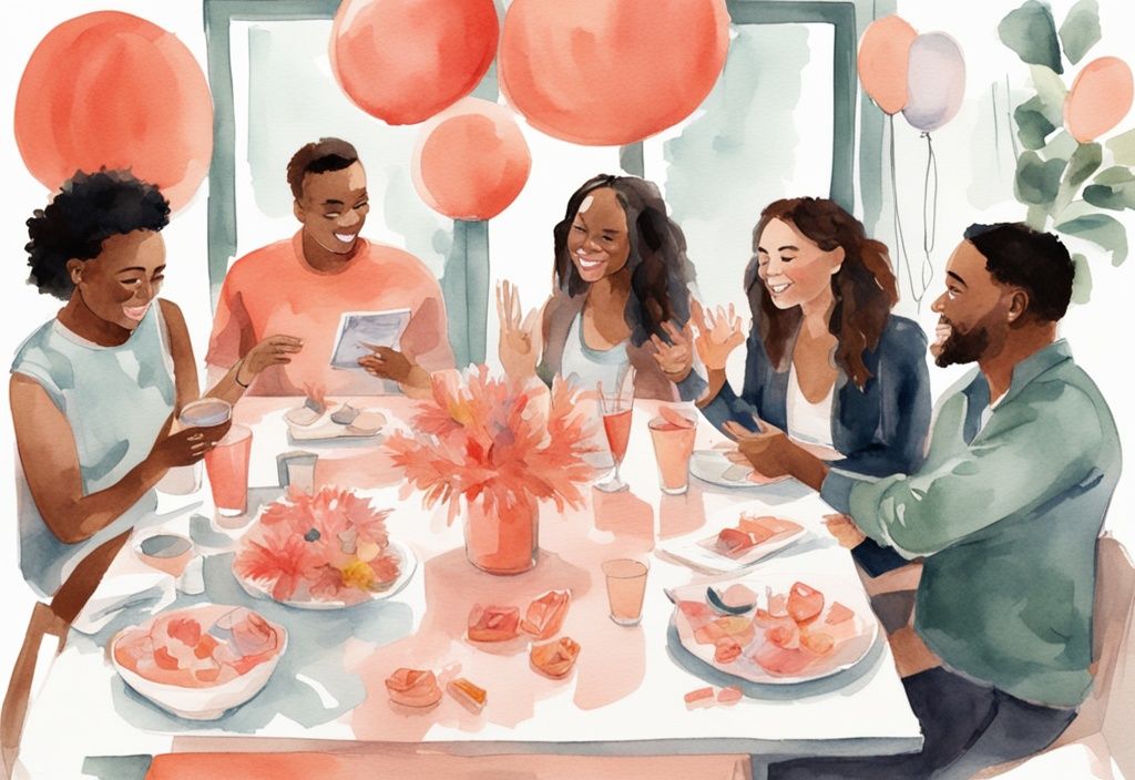 Modern watercolor illustration of friends discussing who pays for a baby shower around a table with coral-themed decorations.