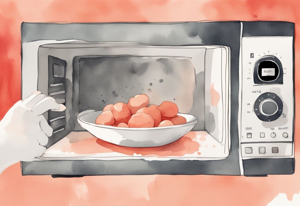 Modern watercolor illustration of a step-by-step process for microwaving baby potatoes in a coral-themed microwave-safe bowl.