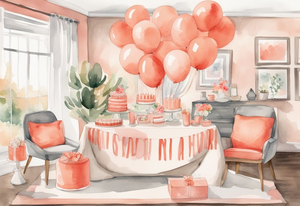 Modern watercolor illustration of a coral-themed baby shower in a cozy living room with balloon arch, cake stand, and gift table.