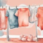 Modern watercolor illustration of freshly washed baby clothes drying on an indoor rack, showcasing how to dry baby clothes with a coral color theme.