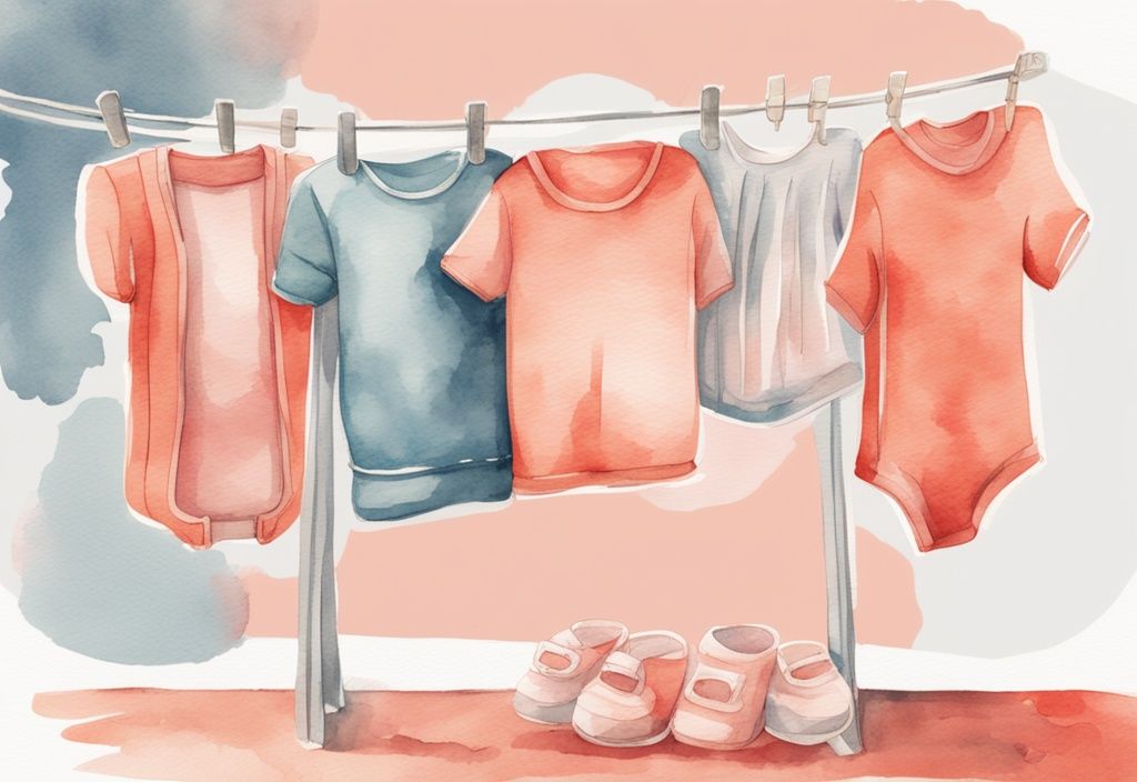 Modern watercolor illustration of freshly washed baby clothes drying on an indoor rack, showcasing how to dry baby clothes with a coral color theme.