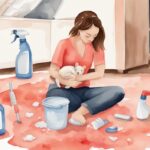 Modern watercolor illustration of a determined mother cleaning a baby poop stain from a light-colored carpet, surrounded by household cleaning items, illustrating how to get baby poop out of carpet.