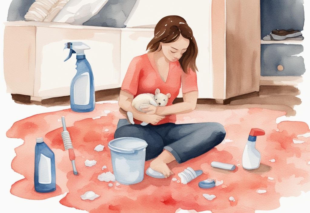 Modern watercolor illustration of a determined mother cleaning a baby poop stain from a light-colored carpet, surrounded by household cleaning items, illustrating how to get baby poop out of carpet.