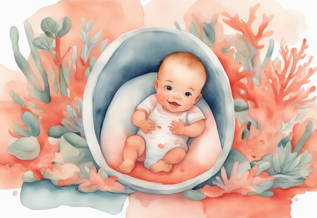 Modern watercolor illustration of a cheerful baby on a colorful play mat, rolling from belly to back with parent's guidance, demonstrating how to get a baby to roll from belly to back, in a coral-themed scene.