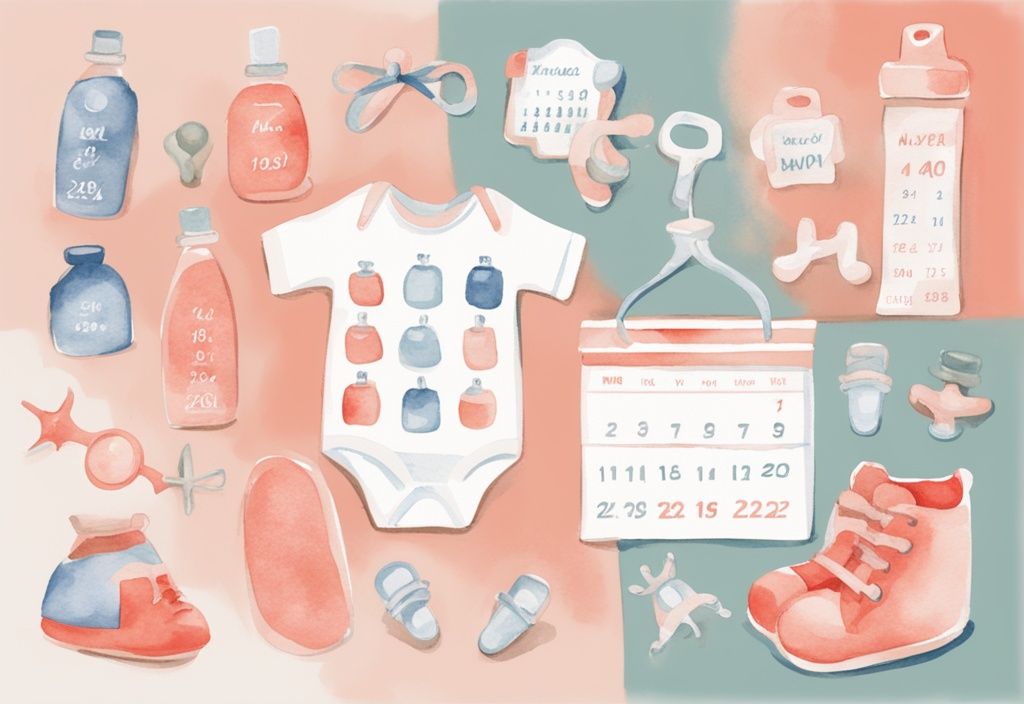 Modern watercolor illustration of a calendar in coral theme, highlighting baby shopping schedule with items like bottles, pacifiers, and baby clothes.