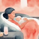 Modern watercolor illustration of a parent rocking a sleeping baby in a cozy, low light setting, depicting how to put a baby to sleep in 10 seconds, with a coral color theme.