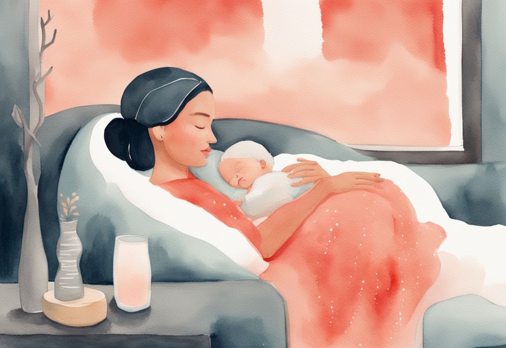 Modern watercolor illustration of a parent rocking a sleeping baby in a cozy, low light setting, depicting how to put a baby to sleep in 10 seconds, with a coral color theme.