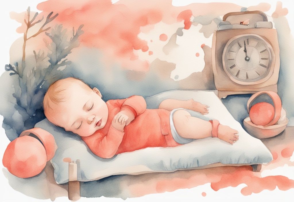 Modern watercolor illustration of a baby sleeping in a coral-themed pack and play, with a clock in the background, exploring how long can a baby sleep in a pack and play.