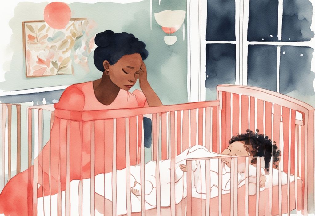 Modern watercolor illustration of a stressed parent checking time with an awake baby in a coral-themed crib.