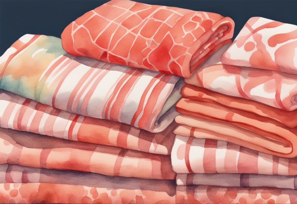 Modern watercolor illustration of coral-themed baby blankets stacked in piles, highlighting quantity for the query "how many baby blankets do I need".