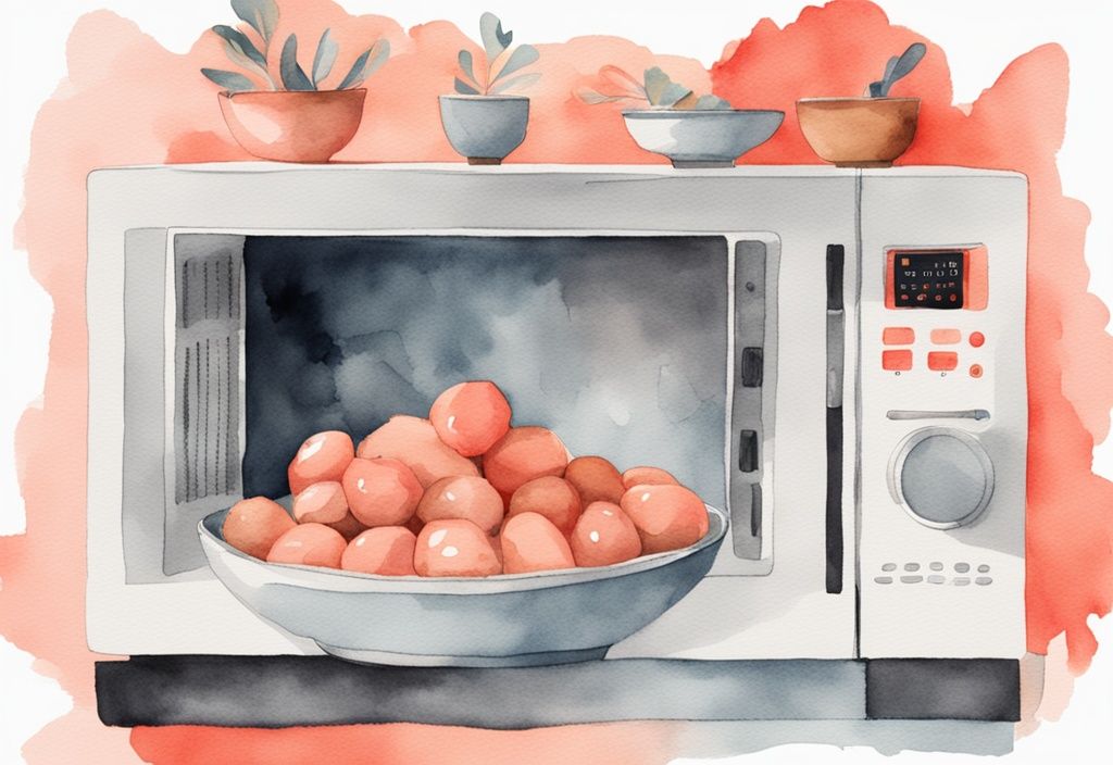 Modern watercolor illustration of hands placing a bowl of baby potatoes into an open microwave, showcasing how to microwave baby potatoes with a coral color theme.