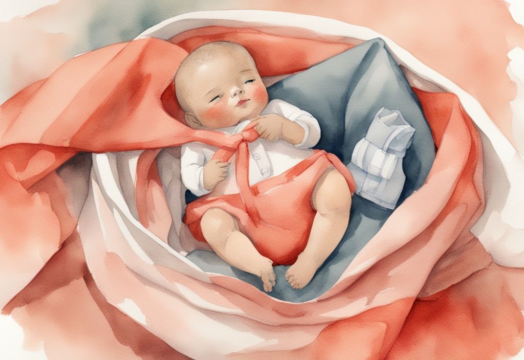 Modern watercolor illustration in coral theme showing how to make a baby sling out of a scarf with a doll securely positioned inside.