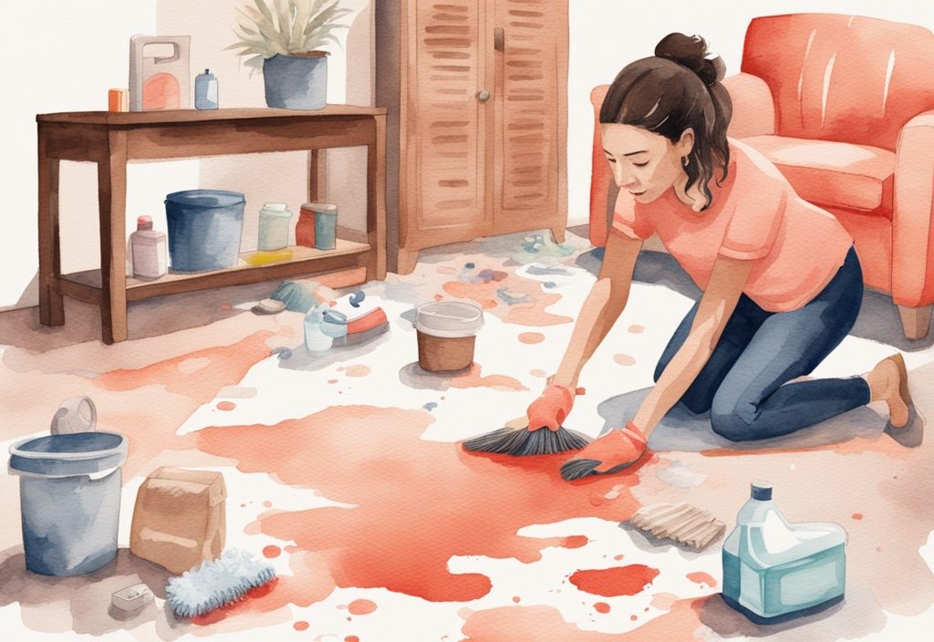 Modern watercolor illustration of a determined mother cleaning baby poop stain from light-colored carpet, surrounded by household cleaning items, highlighting how to get baby poop out of carpet.