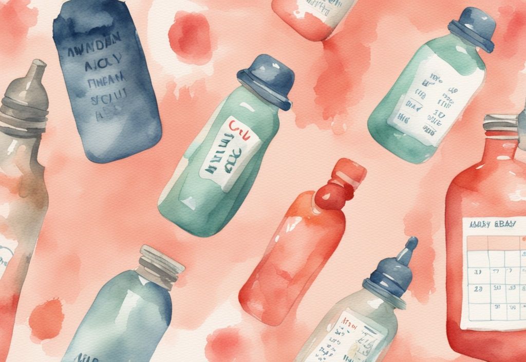 Modern watercolor illustration of coral-themed baby bottles in various conditions with a calendar showing different time periods.