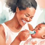 Modern watercolor illustration of a mother demonstrating how to clean a baby tongue with a soft, baby-safe tongue cleaner on her smiling infant, featuring a coral color theme.