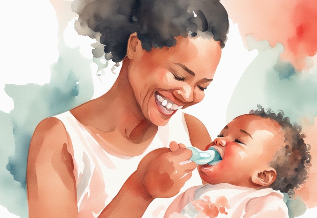 Modern watercolor illustration of a mother demonstrating how to clean a baby tongue with a soft, baby-safe tongue cleaner on her smiling infant, featuring a coral color theme.