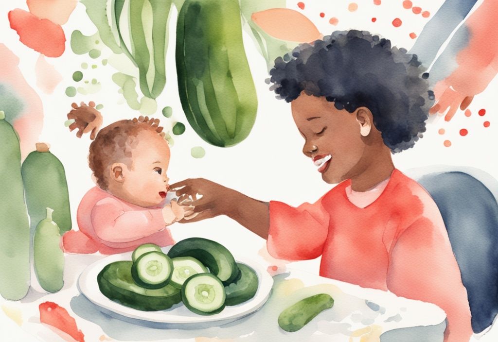 Modern watercolor illustration of a baby in a highchair reaching for a parent's hand offering cucumber pieces on a colorful plate, coral color theme.