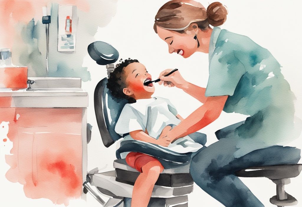 Modern watercolor illustration of a toddler in a dentist chair learning how to remove black stains on baby teeth, with a dentist cleaning the child's teeth as a parent observes.